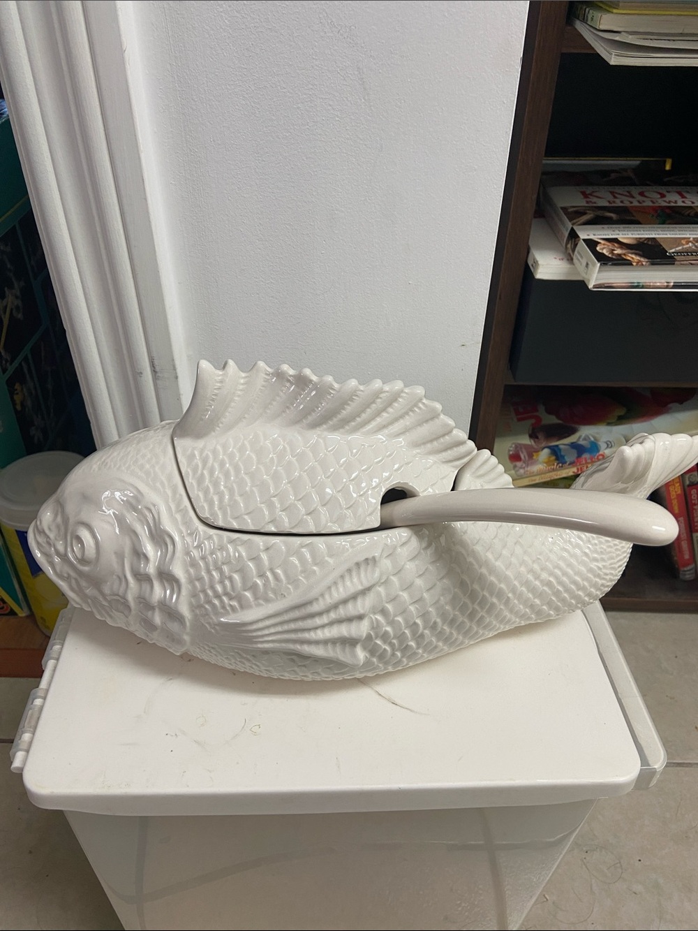 Vintage White Fish Serving Dish with Lid and Ladle Japan